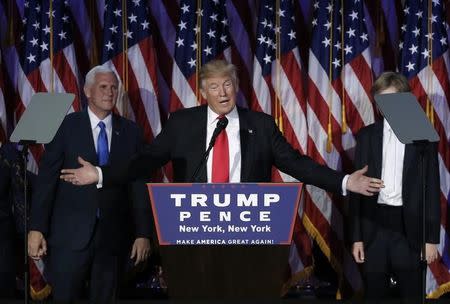 Republican U.S. presidential nominee Donald Trump speaks at his election night rally in Manhattan, New York, U.S., November 9, 2016. REUTERS/Mike Segar