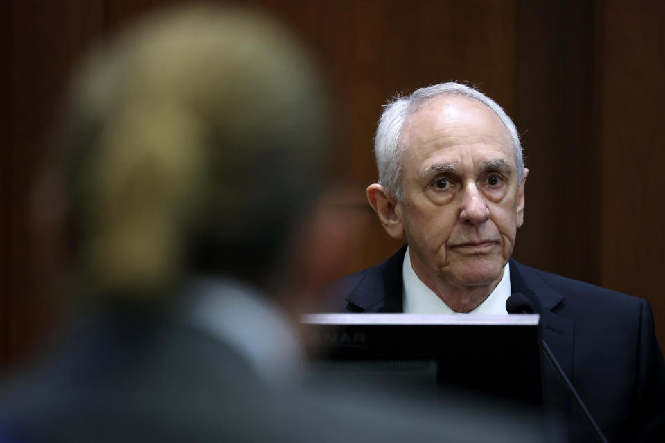 Actor Johnny Depp's business manager Edward White, testifies in the courtroom at the Fairfax County Circuit Court in Fairfax, Va., Thursday, April 28, 2022. Actor Johnny Depp sued his ex-wife actor Amber Heard for libel in Fairfax County Circuit Court after she wrote an op-ed piece in The Washington Post in 2018 referring to herself as a "public figure representing domestic abuse." (Michael Reynolds/Pool Photo via AP)