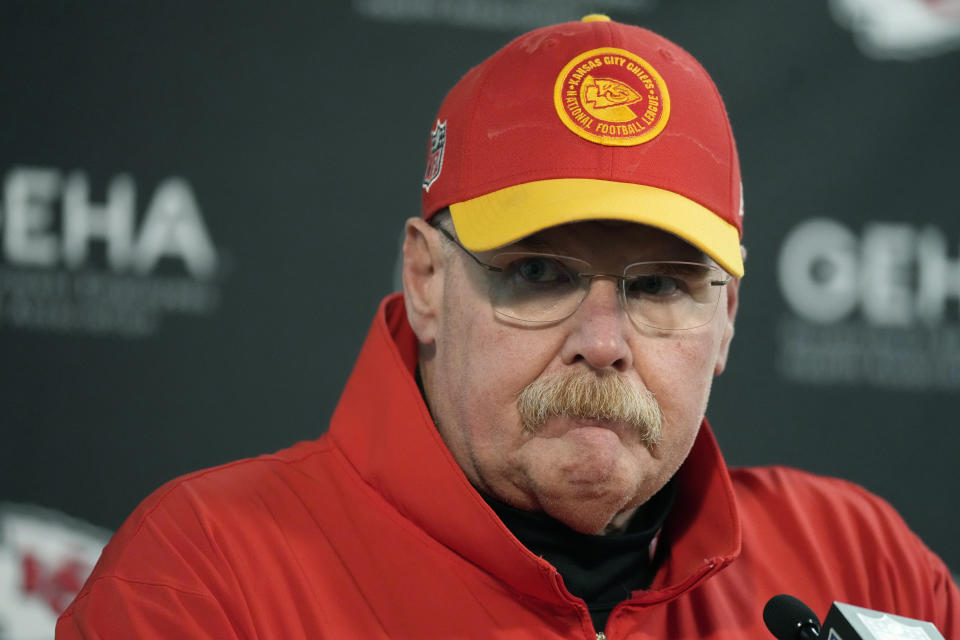 Kansas City Chiefs head coach Andy Reid reacts to a question during a news conference after an NFL football game against the Denver Broncos on Sunday, Oct. 29, 2023, in Denver. (AP Photo/David Zalubowski)