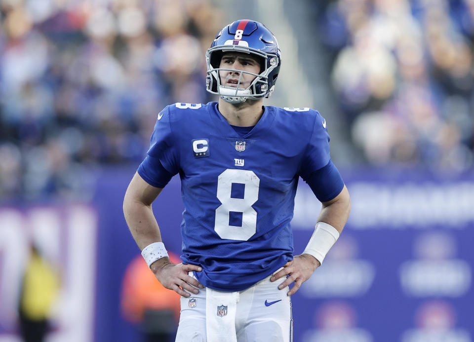 EAST RUTHEFORD, NJ - JANUARY 1: (New York Dailies Out) Daniel Jones #8 of the New York Giants takes on the Indianapolis Colts on January 1, 2023 at MetLife Stadium in East Rutherford, NJ. The Giants beat the Colts with his 38-10 win.  (Photo credit: Jim McIsaac/Getty Images)