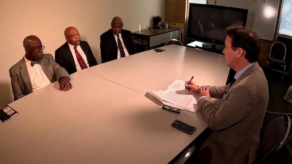 <div>Fayetteville attorney Wayne Clark filed suit against PAC Executive Director Pete Skandalakis on behalf of four law colleagues. He's seen here with two of them, from left, Elberton attorney John M. Clark; Kendall; and Athens attorney Kenneth Dious. (FOX 5)</div>