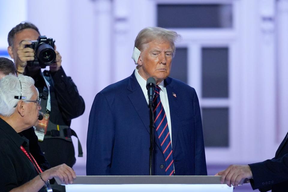 Donald Trump apepars on the stage of the Republican National Convention on July 17 during a walkthrough of his speech. (AP)