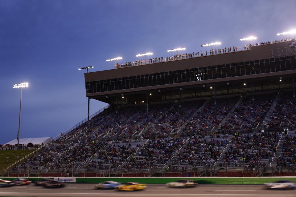 Cars drive during a NASCAR Cup Series auto race at Atlanta Motor Speedway on Sunday, July 9, 2023, in Hampton, Ga. (AP Photo/Brynn Anderson)