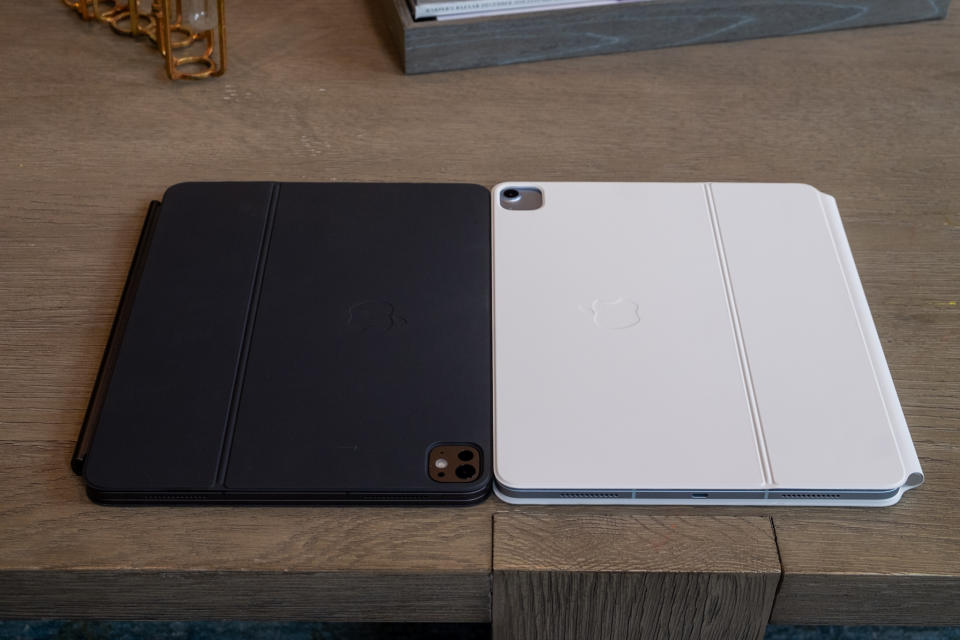 <p>Apple’s iPad Pro in its keyboard case on the left, with the iPad Air and its keyboard on the right.</p>
