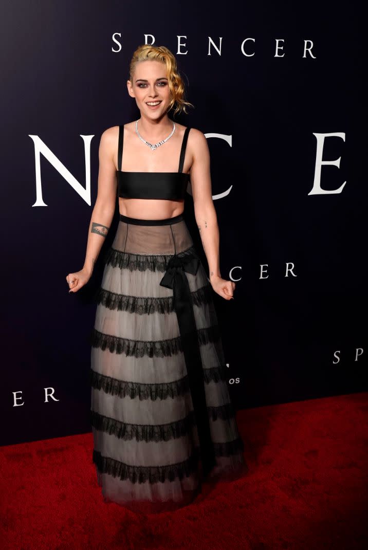 Kristen Stewart, the star of “Spencer,” poses at the premiere of the film at the Directors Guild of America, Tuesday, Oct. 26. 2021, in Los Angeles. - Credit: AP