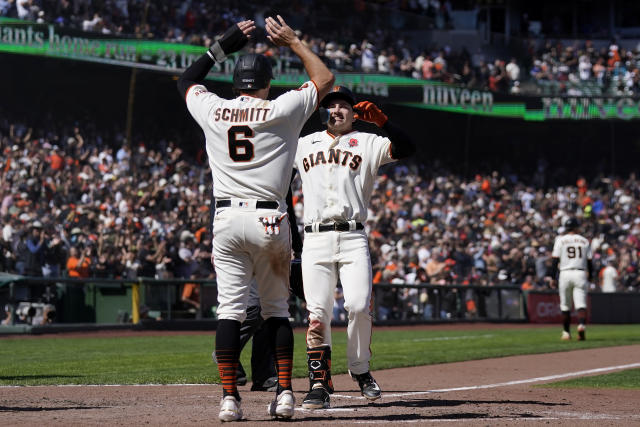 Barry Bonds of the San Francisco Giants celebrates after hitting