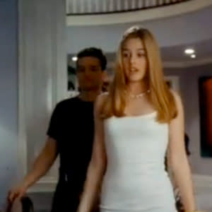 The form-fitting, white Calvin Klein mini dress that Cher wore for her date with Christian, prompted her dad in the movie to “go postal.” Calvin Klein reportedly recreated the dress for L.A. boutique Confederacy in 2010.