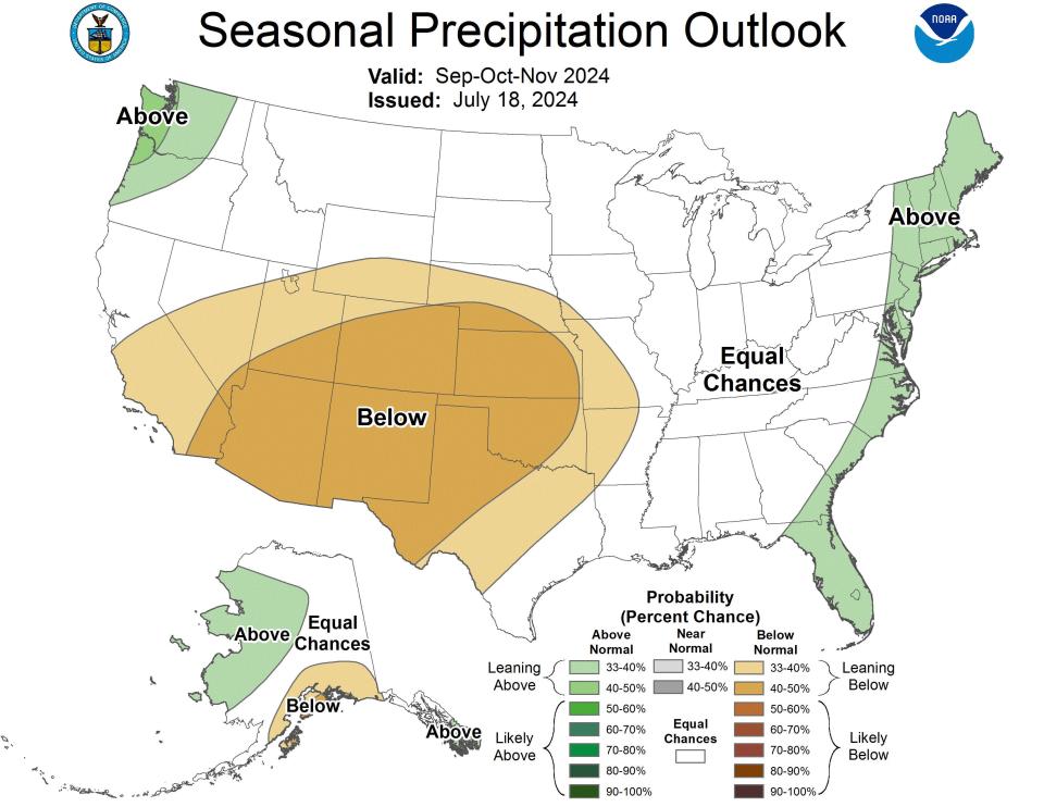 According to the Climate Prediction Center, the Cape Cod region has a 33 to 40 percent chance of above normal precipitation for the months of Sept., Oct. and Nov., a category called "Leaning Above."