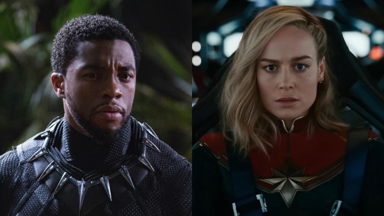  Chadwick Boseman as Black Panther and Brie Larson as Captain Marvel. 