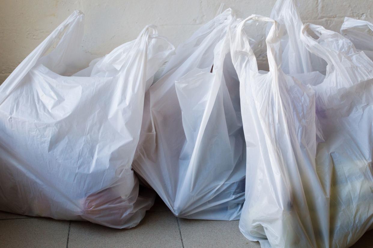 plastic shopping bags on floor