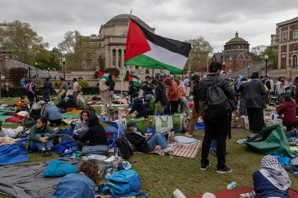 Students occupy the campus ground of Columbia University in support of Palestinians in New York City on April 19, 2024.