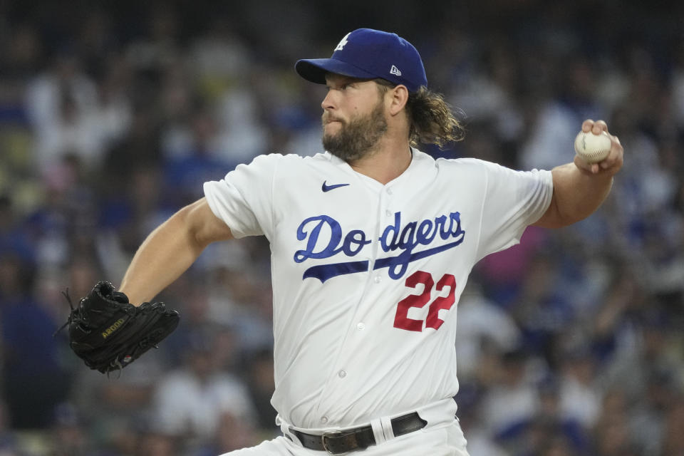 Los Angeles Dodgers starting pitcher Clayton Kershaw works against an Arizona Diamondbacks batter during the first inning in Game 1 of a baseball NL Division Series Saturday, Oct. 7, 2023, in Los Angeles. (AP Photo/Mark J. Terrill)