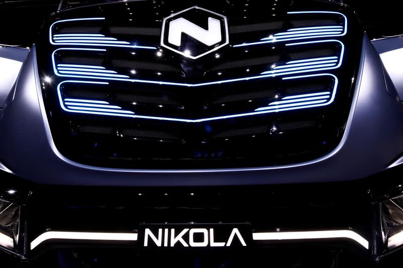 FILE PHOTO: U.S. Nikola's logo is pictured at an event in Turin