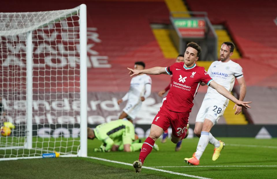 Liverpool's Diogo Jota celebrates scoring their second goal against Leicester City.