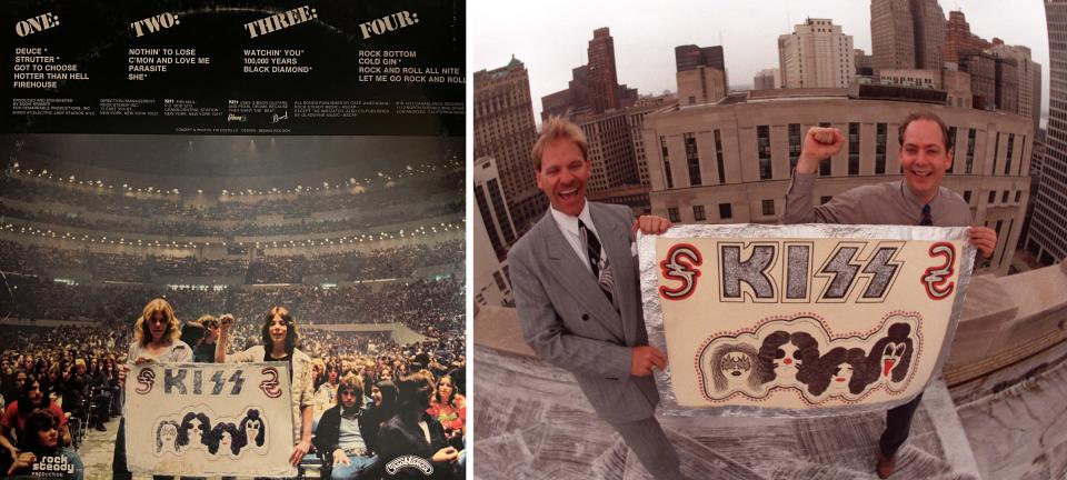 LEFT: Kiss' 1975 double album "Alive!," recorded in part at Cobo Arena, included an iconic shot of Detroit fans Bruce Redoute, left, and Lee Neaves. RIGHT: In June 1996, the Detroit Free Press photographed Bruce Redoute, left, and Lee Neaves hoisting their Kiss banner in downtown Detroit, 21 years after they famously appeared on the Kiss album "Alive!"