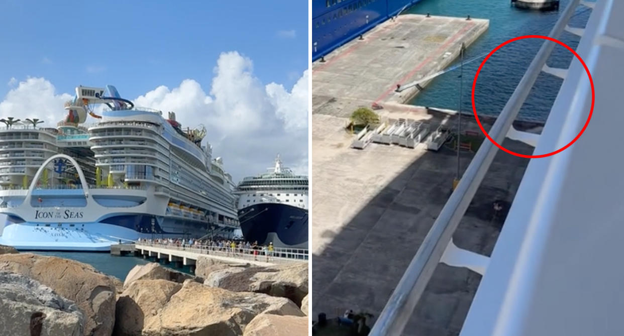 A railing (right) on the side of Icon of the Seas (left) has left one passenger less than impressed.