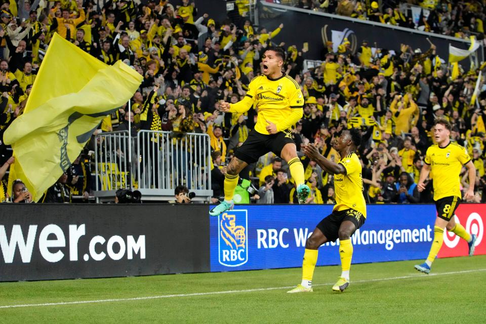 Dec 9, 2023; Columbus, OH, USA; Columbus Crew forward Cucho (9) celebrates his goal on a penalty shot against Los Angeles FC goalkeeper Maxime Crepeau (16) (not pictured) during the first half at Lower.com Field. Mandatory Credit: Adam Cairns-USA TODAY Sports