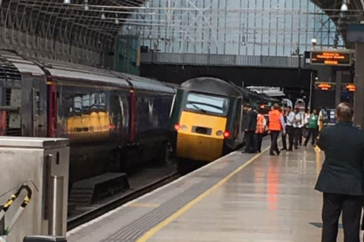 Off-track: The rear carriage of Sunday's 11.57 to Penzance partially derailed as the train left the station: Network Rail