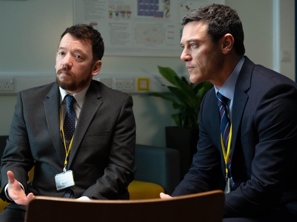 Doing some digging: Luke Evans (right) and Steve Meo as two investigators in ‘The Pembrokeshire Murders’ITV