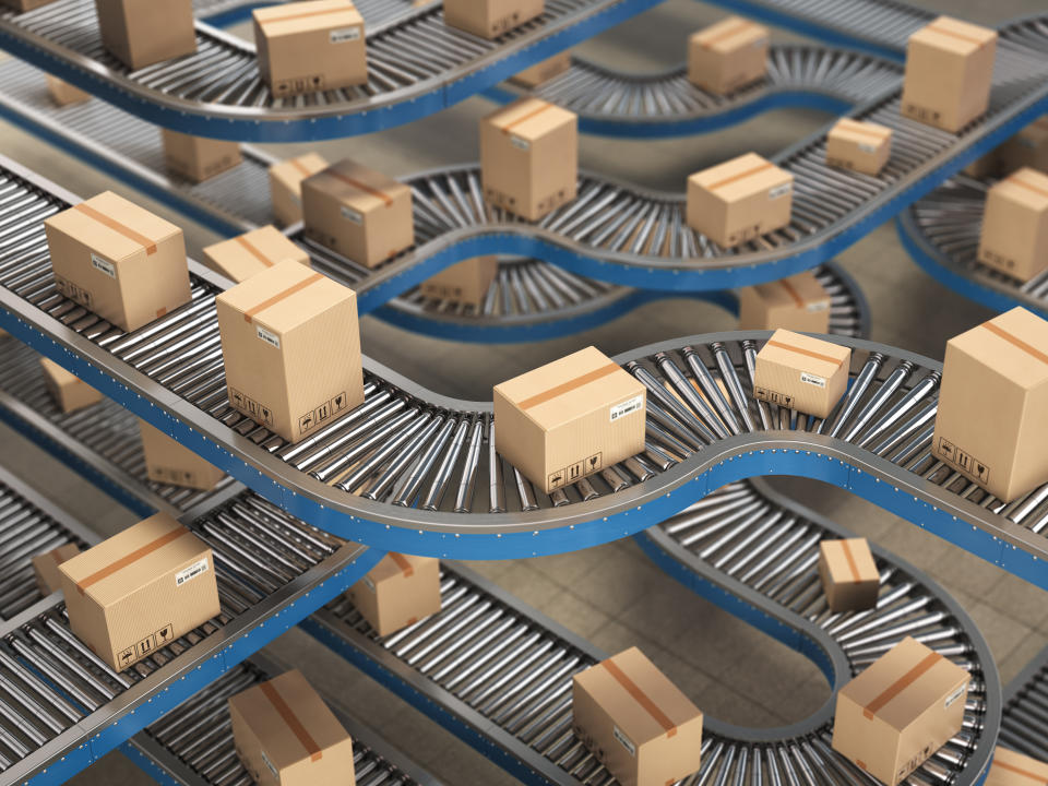 Shipping boxes on a conveyor belt