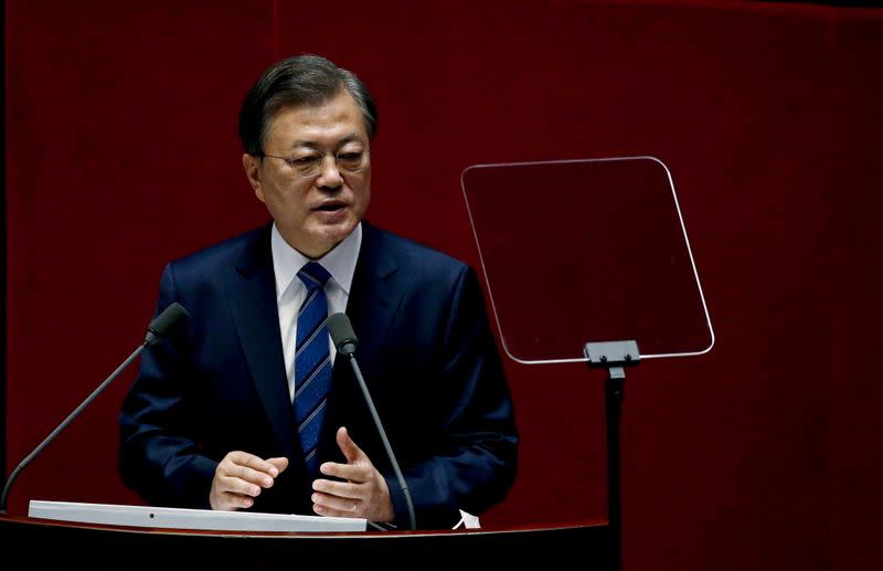 FILE PHOTO: South Korean President Moon Jae-in speaks at the National Assembly in Seoul