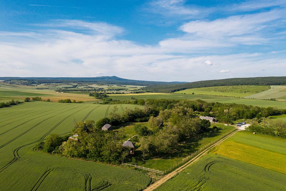 Aerial view of The Rocks Hello Wood cabins in Hungary's Balaton Uplands