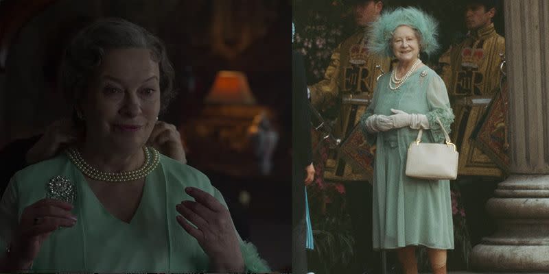 <p>Viewers only get a quick glimpse of the Queen Mother's look for the royal wedding in 1981, but the show expertly recreated her mint green chiffon dress, brooch and pearl necklace.</p>