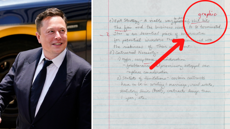 Tesla CEO Elon Musk and an image of a paper graded by him with an annotation labelling part of the paper as 