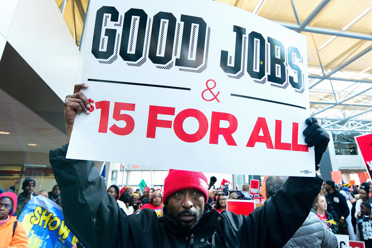 Fight for $15 supporters rally at the headquarters of&nbsp;Hardee's fast-food restaurants in St. Louis on Feb. 13. St. Louis had raised its minimum wage, effective in May, but a new state law will drop it back down to $7.70 an hour. &nbsp; (Photo: Jeff Curry via Getty Images)