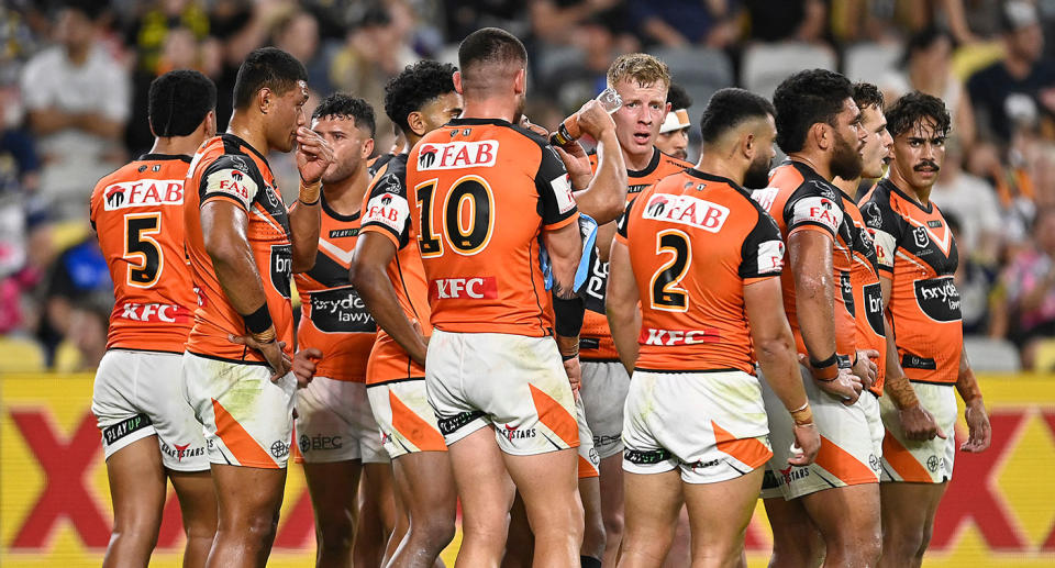 Seen here, Wests Tigers players look on during an NRL game.