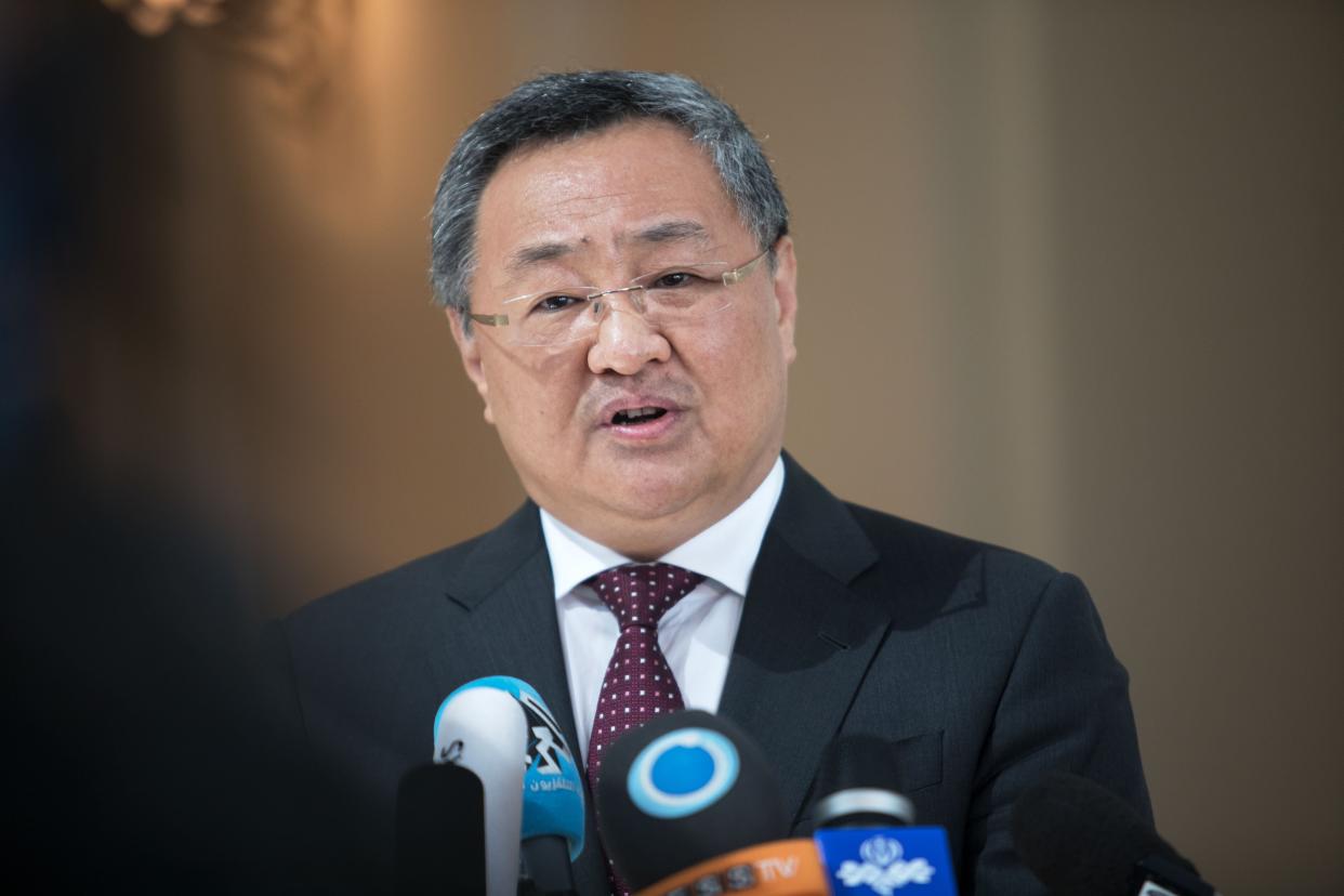 File: FU Cong, Deputy Permanent Representative, and Ambassador Extraordinary and Plenipotentiary for Disarmament Affairs of the People’s Republic of China to the United Nations Officem speaks to the media on 28 July 2019 (AFP via Getty Images)