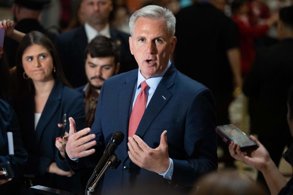 US Speaker of the House Kevin McCarthy, a Republican of California, speaks to the press about the debt ceiling negotiations in Statuary Hall at the US Capitol in Washington, DC, on May 24, 2023. The White House and Congressional Republicans are still locked in crunch talks to try and avert the first debt default in US history, which Treasury officials have warned could come as soon as June 1. (Photo by SAUL LOEB / AFP) (Photo by SAUL LOEB/AFP via Getty Images)