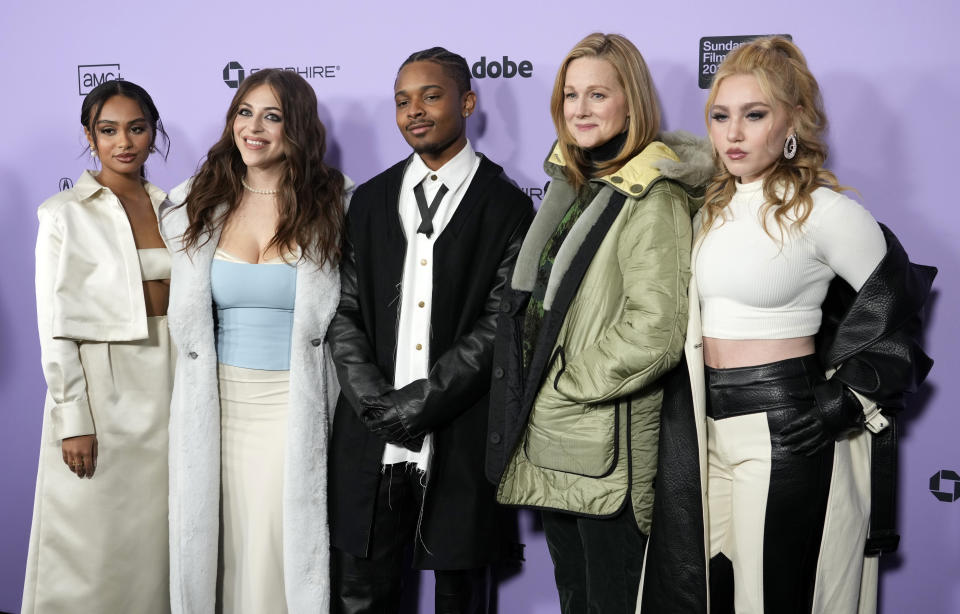 From left, Daniella Taylor, Baby Ariel, Amarr, Laura Linney and Ella Anderson, cast members in "Suncoast," pose together at the premiere of the film at the Library Theatre during the Sundance Film Festival, Sunday, Jan. 21, 2024, in Park City, Utah. (AP Photo/Chris Pizzello)