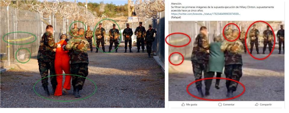 <span>Comparación entre capturas de pantalla de una foto cedida por el MInisterio de Defensa de EEUU a la AFP (I) y una publicación en Facebook, realizada el 26 de abril de 2024</span>