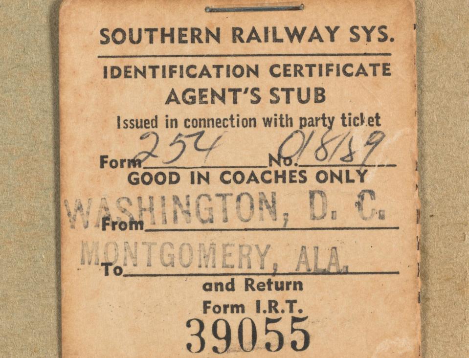 Ticket stub for Washington, DC to Montgomery, AL for Selma-Montgomery March used by
Mulholland, Joan Trumpauer, American, born 1941