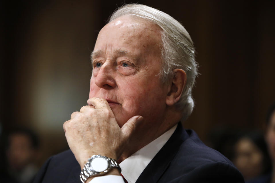 FILE - Brian Mulroney, the former prime minister of Canada, listens during a Senate Foreign Relations Committee hearing on the Canada-U.S.-Mexico relationship, Tuesday, Jan. 30, 2018, on Capitol Hill in Washington. Mulroney has died at the age of 84, his daughter Caroline Mulroney posted on social media, Thursday, Feb. 29, 2024. (AP Photo/Jacquelyn Martin, File)