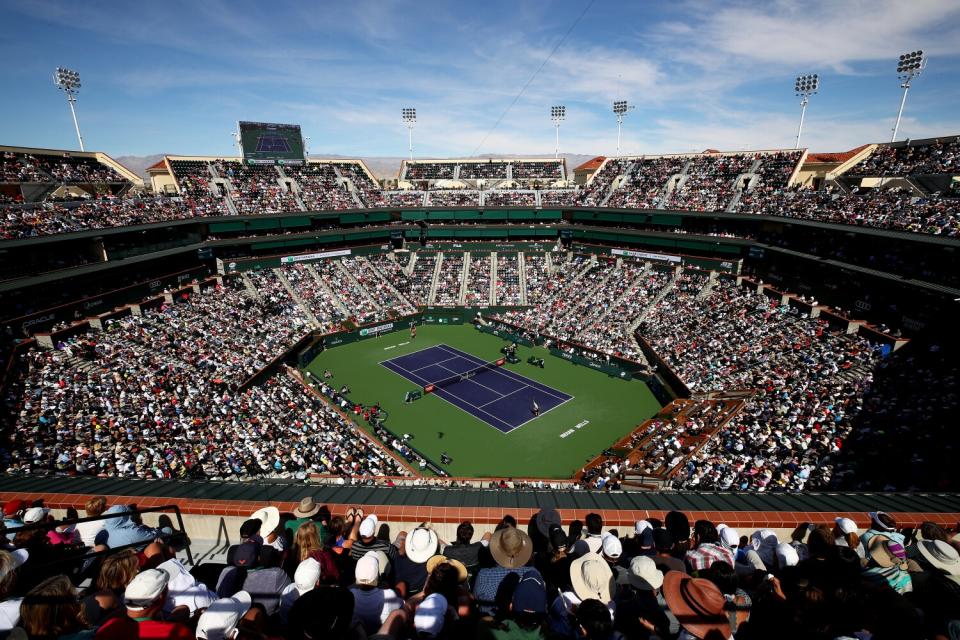 Rafael Nadal competes against Karen Khachanov at the Indian Wells Tennis Garden in March 2019.