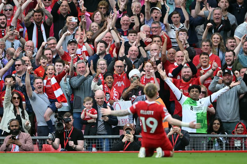 Harvey Elliott celebrates scoring a Liverpool goal