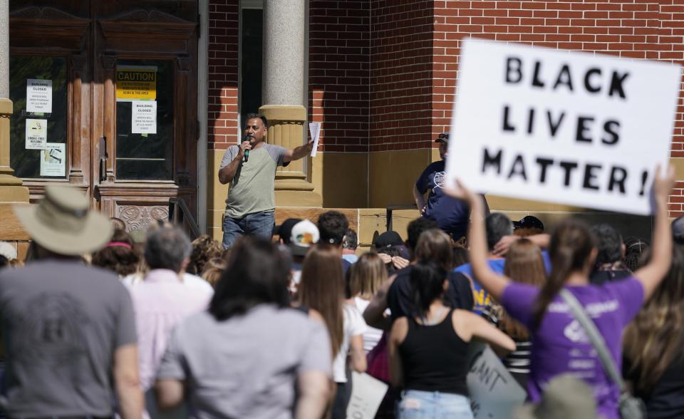 Chico Martinez, co-organizer of the "Peaceful Rally and March in Support of Black Lives" June 7, 2020, at the old Lenawee County Courthouse in Adrian, addresses the crowd. Martinez died Nov. 8, 2022, at the age of 56.