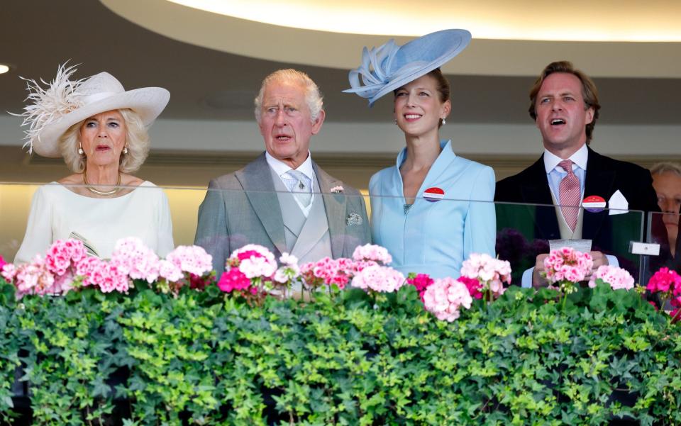 The King and Queen watch the racing from the Royal Box to Ascot in 2023