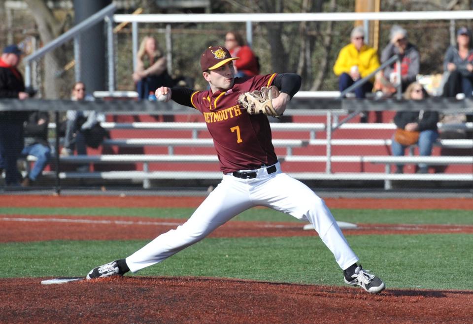 Weymouth starting pitcher Sean Zaslaw hurls one in against North Quincy during high school baseball at Libby Field in Weymouth, Tuesday, April 4, 2023.