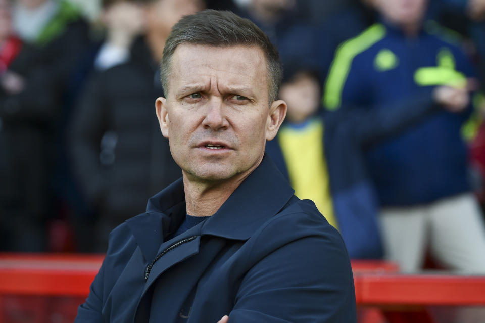 Leeds United's head coach Jesse Marsch looks on prior to the English Premier League soccer match between Nottingham Forest and Leeds United at City Ground stadium in Nottingham, England, Sunday, Feb. 5, 2023. (AP Photo/Rui Vieira)