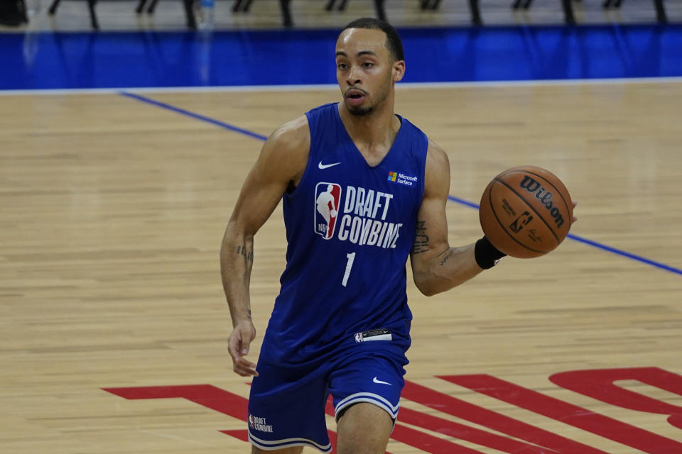 Amari Bailey brings the ball up the court during the NBA Draft Combine at Wintrust Arena in Chicago on May 17, 2023. (David Banks/USA TODAY Sports)