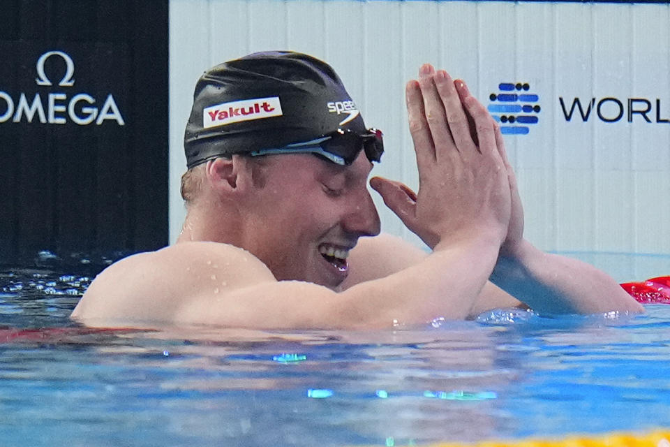 Finlay Knox of Canada celebrates after winning in the men's 200-meter medley final at the World Aquatics Championships in Doha, Qatar, Thursday, Feb. 15, 2024. (AP Photo/Hassan Ammar)