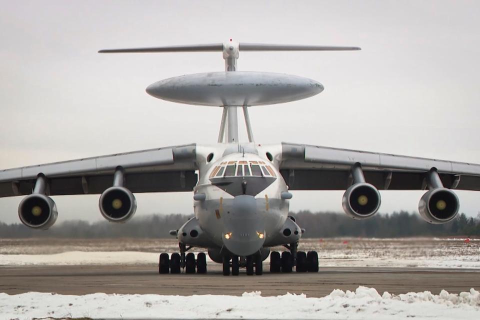 A Russian Beriev A-50 maneuvres at the Machulishchy Air Base near Minsk in this photo made from video provided by the State TV and Radio Company of Belarus on Thursday, March 3, 2023