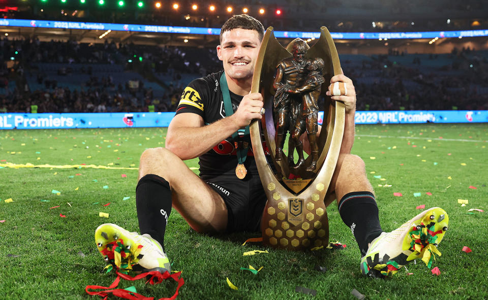 Nathan Cleary, pictured here with the NRL premiership trophy after Penrith's three-peat.