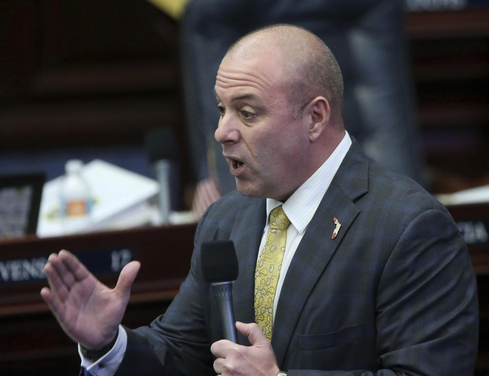 Rep. Blaise Ingoglia, R-Spring Hill, debates the felon voting rights bill during session Wednesday April 24, 2019, in Tallahassee, Fla. (AP Photo/Steve Cannon)