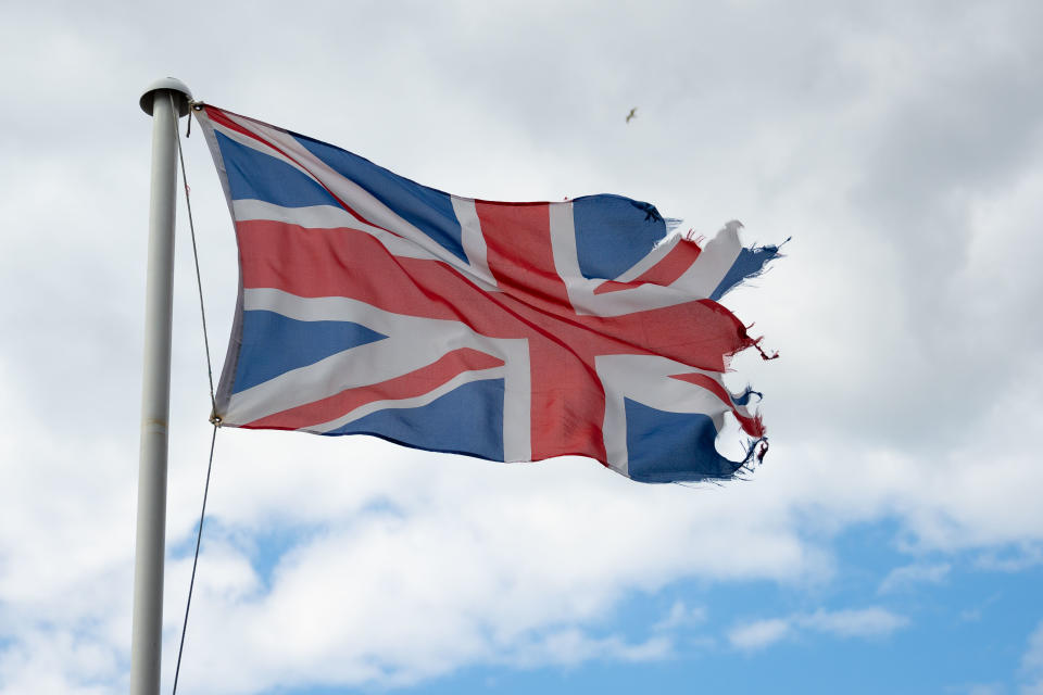 CARDIFF, UNITED KINGDOM - MAY 05: A torn British Union Jack flying in the wind on May 5, 2019 in Cardiff, United Kingdom. (Photo by Matthew Horwood/Getty Images)