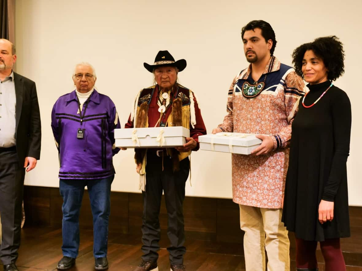 The restitution ceremony took place on Feb. 7 at the Musée d'ethnographie de Genève (MEG). Due to the sacredness of the objects, they are in a closed box and cannot be photographed.  (Chiara Cosenza/MEG - image credit)