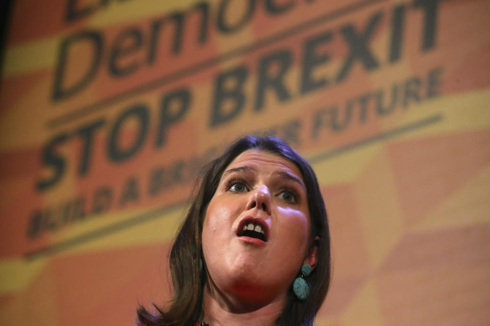 Britain's Liberal Democrats leader Jo Swinson makes a speech at a rally at the Battersea Arts Centre in Lavender Hill, while on the General Election campaign trail in London, Saturday, Nov. 9, 2019. Britain goes to the polls on Dec. 12. (Aaron Chown/PA via AP)